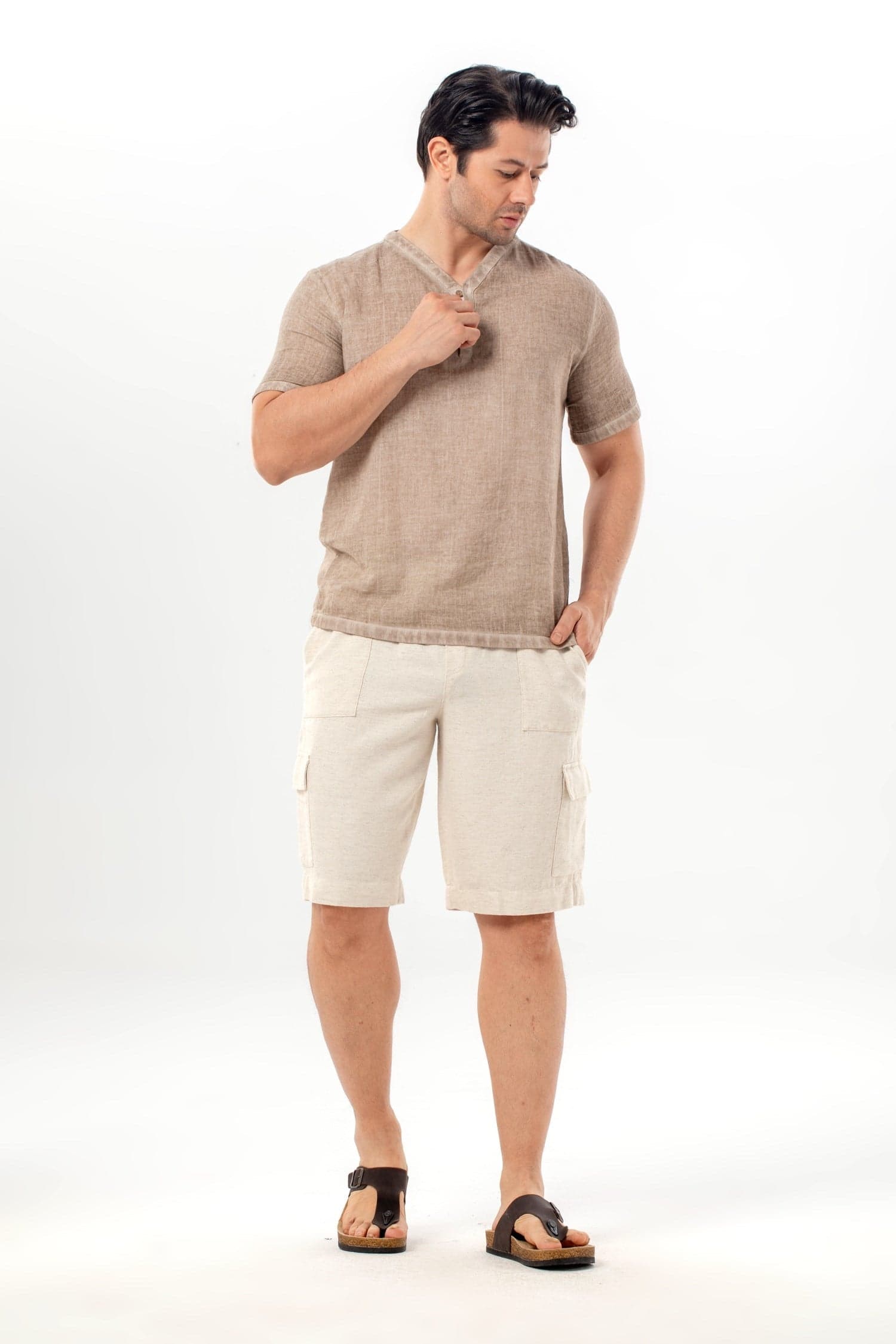 Linen-Weave Elastic-Waist Shorts