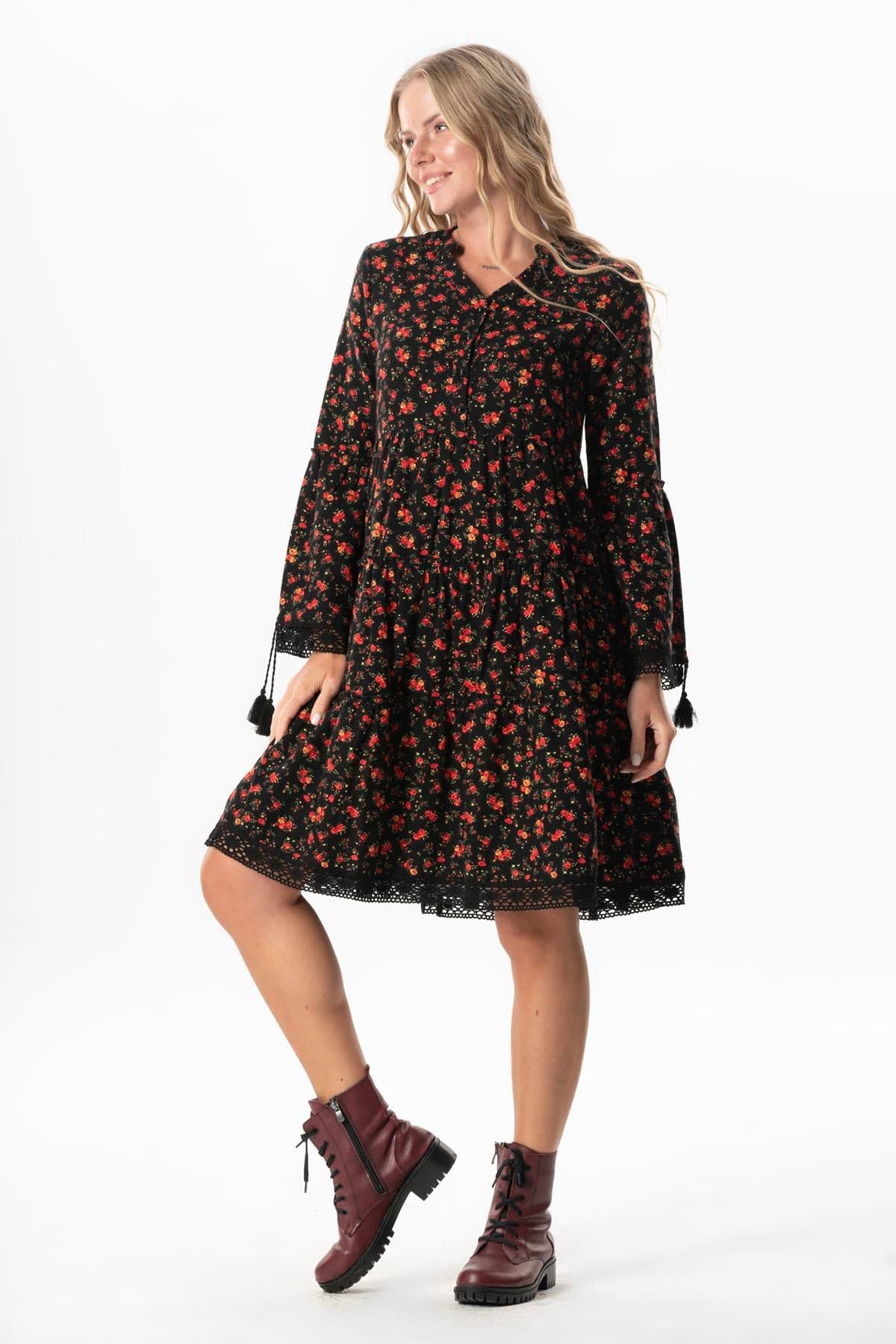Seçil Short Flannel Dress, Rose Print