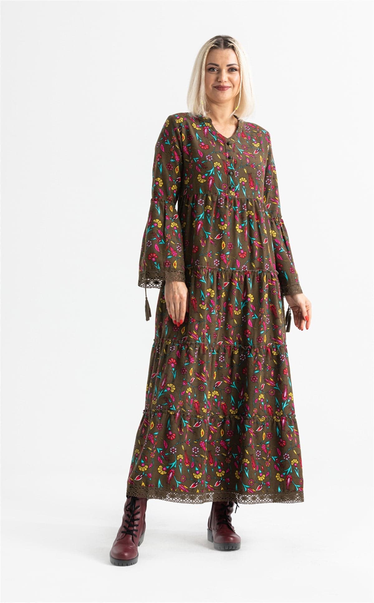 Seçil Flannel Long Dress – Tile Print